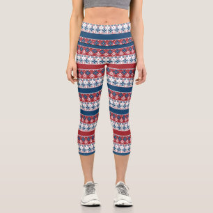 Red Blue Striped Norwegian Pattern Capri Leggings