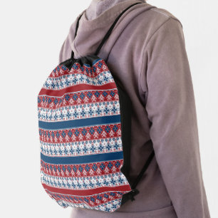 Red Blue Striped Norwegian Pattern Drawstring Bag