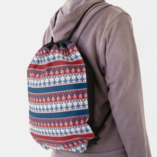 Red Blue Striped Norwegian Pattern  Drawstring Bag (Insitu)