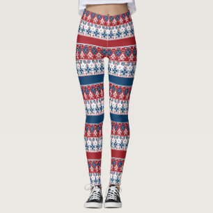 Red Blue Striped Norwegian Pattern Leggings