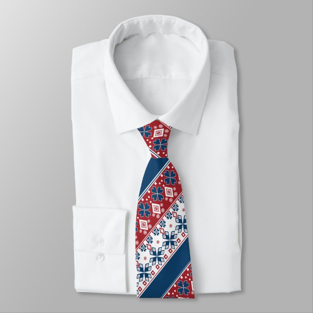 Red Blue Striped Norwegian Pattern  Neck Tie (Tied)