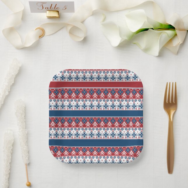 Red Blue Striped Norwegian Pattern  Paper Plates (Wedding)