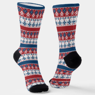 Red Blue Striped Norwegian Pattern Socks