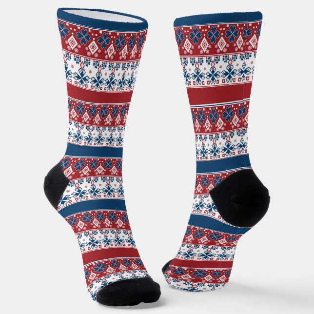 Red Blue Striped Norwegian Pattern  Socks (Angled)