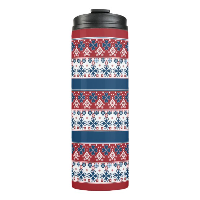 Red Blue Striped Norwegian Pattern  Thermal Tumbler (Front)