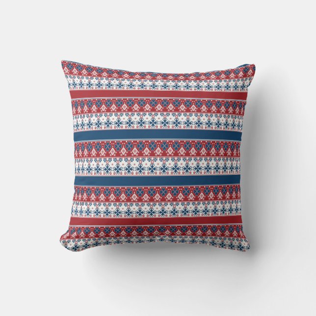 Red Blue Striped Norwegian Pattern Throw Pillow (Front)