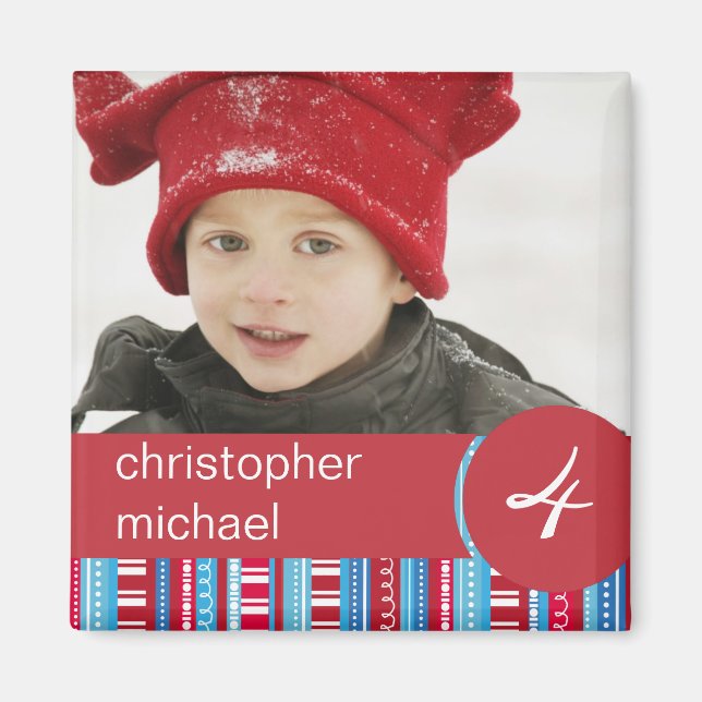 Red Blue Stripes & Dots Birthday Photo Magnet (Front)