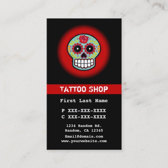 Red blue sugar skull tattoo custom business cards (Front)