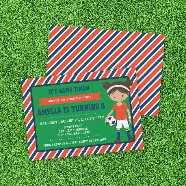 Red Blue Tan Girl Soccer Birthday Invitation (Creator Uploaded)