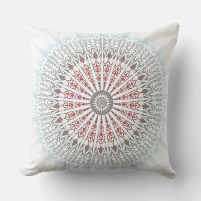 Red Blue Taupe White Mandala Geometric Modern Throw Pillow (Front)
