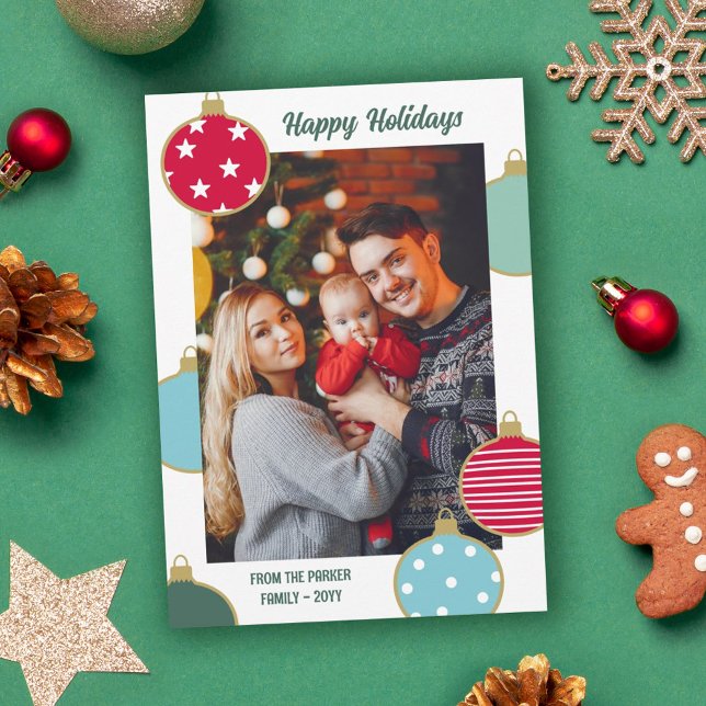 Red Blue Teal Christmas Baubles Happy Holidays Holiday Card (Creator Uploaded)