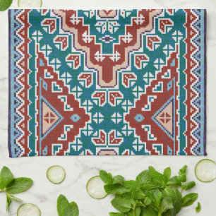 Red Blue Teal Native American Indians Navajo Kitchen Towel