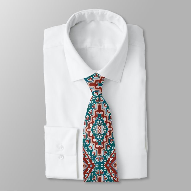 Red Blue Teal Native American Indians Navajo Neck Tie (Tied)