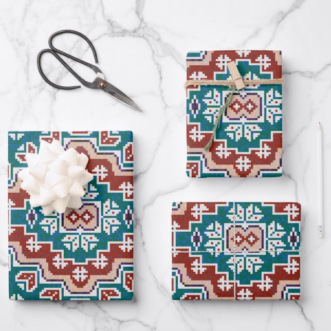 Red Blue Teal Native American Indians Navajo Wrapping Paper Sheets (Front)