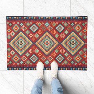 Red Blue Teal Orange Yellow Oriental Kilim Doormat