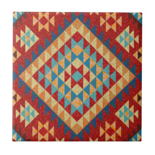Red Blue Teal Orange Yellow Oriental Kilim Pattern Ceramic Tile