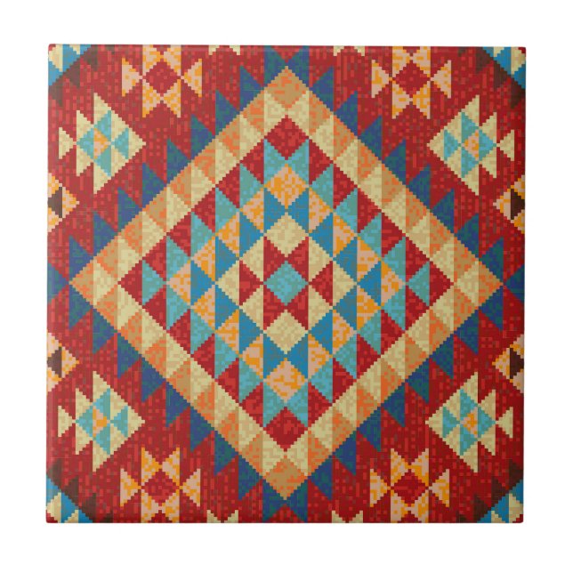 Red Blue Teal Orange Yellow Oriental Kilim Pattern Ceramic Tile (Front)