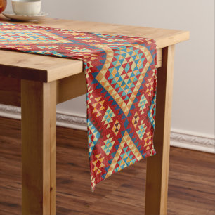 Red Blue Teal Orange Yellow Oriental Kilim Pattern Short Table Runner