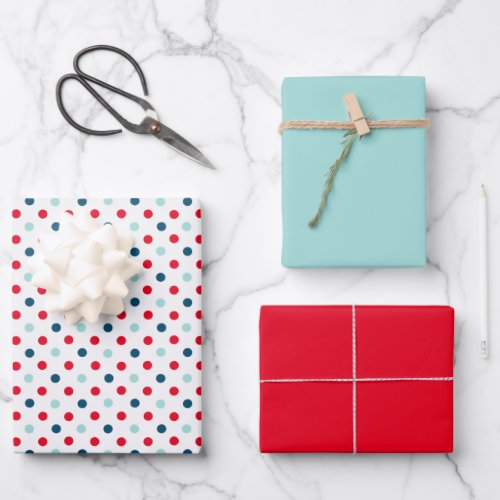 Red Blue Teal Polka Dots And Solid Red and Teal Wrapping Paper Sheets