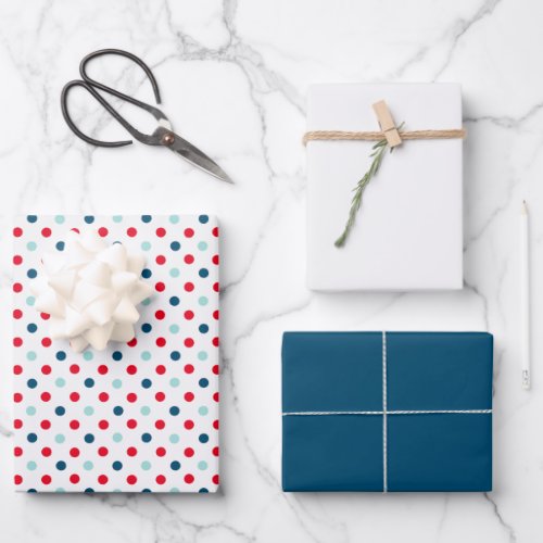 Red Blue Teal Polka Dots And Solid White and Blue Wrapping Paper Sheets