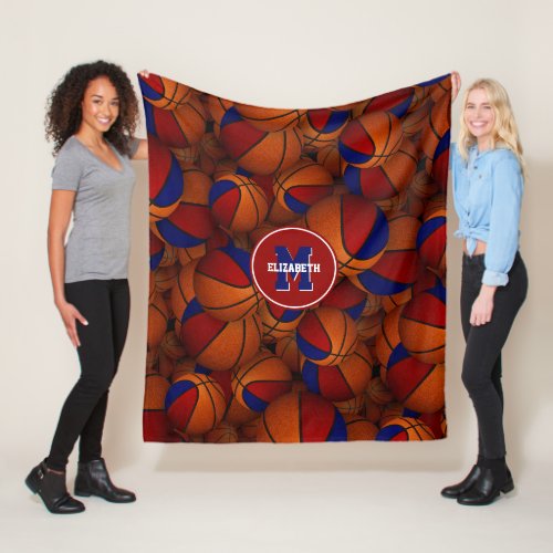 red blue team colors girls boys basketball pattern fleece blanket