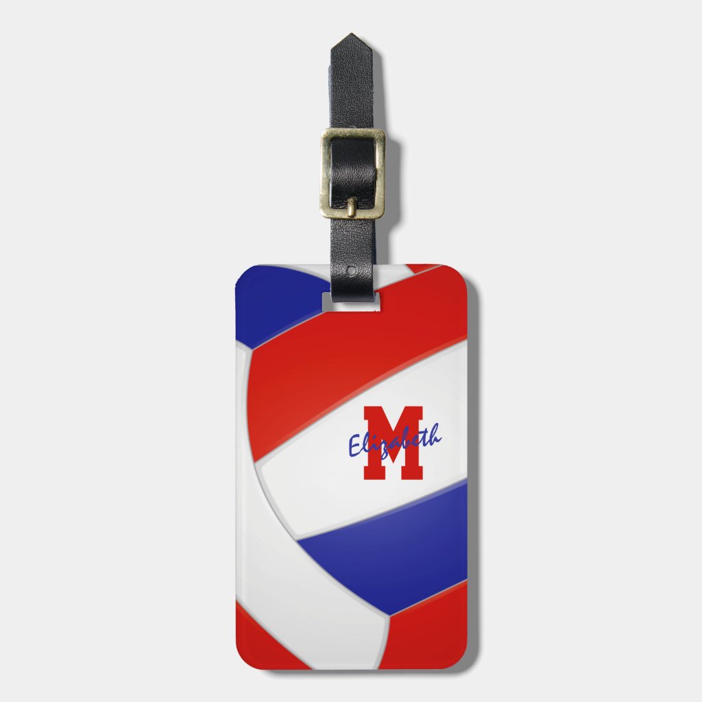 red blue team colors monogrammed volleyball luggage tag