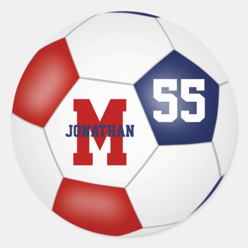 red blue team colors soccer ball personalized classic round sticker
