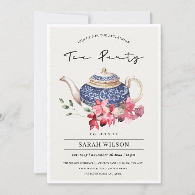Red Blue Teapot Floral Afternoon Tea Party Invite (Front)