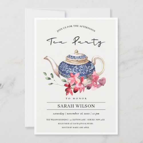 Red Blue Teapot Floral Afternoon Tea Party Invite