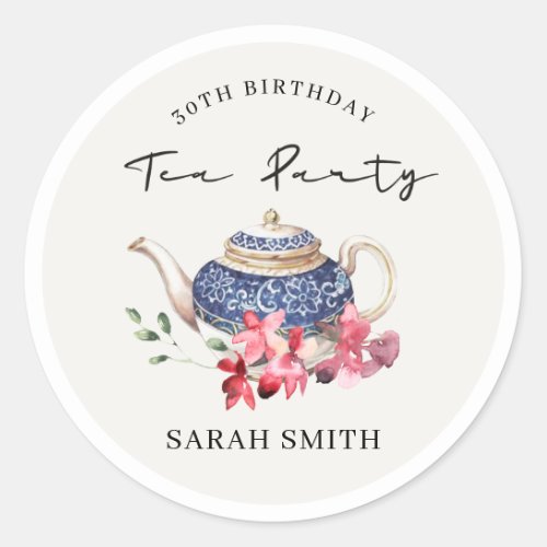 Red Blue Teapot Floral Any Age Birthday Tea Party Classic Round Sticker