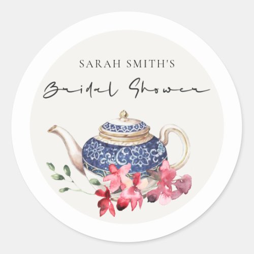 Red Blue Teapot Floral Bridal Shower Tea Party Classic Round Sticker