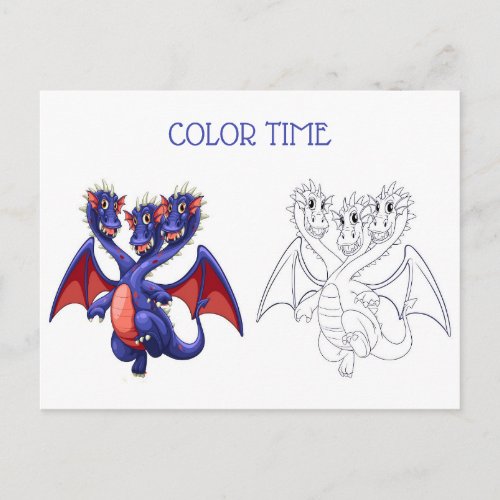 Red Blue Three Headed Dragon Coloring Activity Postcard