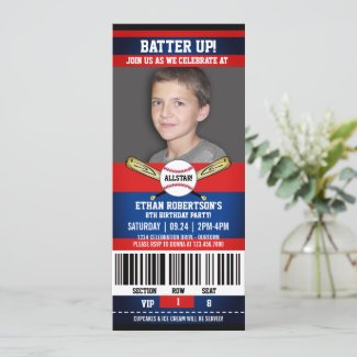 Red|Blue Ticket Style Baseball Birthday Party Invitation