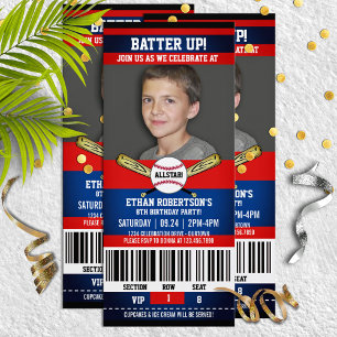 Red Blue Ticket Style Baseball Birthday Party Invitation