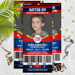 Red|Blue Ticket Style Baseball Birthday Party Invitation<br><div class="desc">Super fun,  baseball themed birthday with your little all-star's picture right on the front!</div>