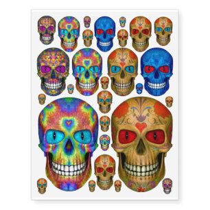Red Blue Tie Dye Sugar Skull Temporary Tattoo