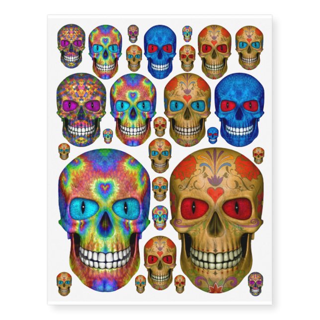 Red Blue Tie Dye Sugar Skull Temporary Tattoo (Front)