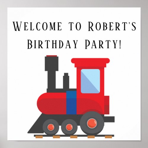 Red Blue Train Birthday Party Square Poster
