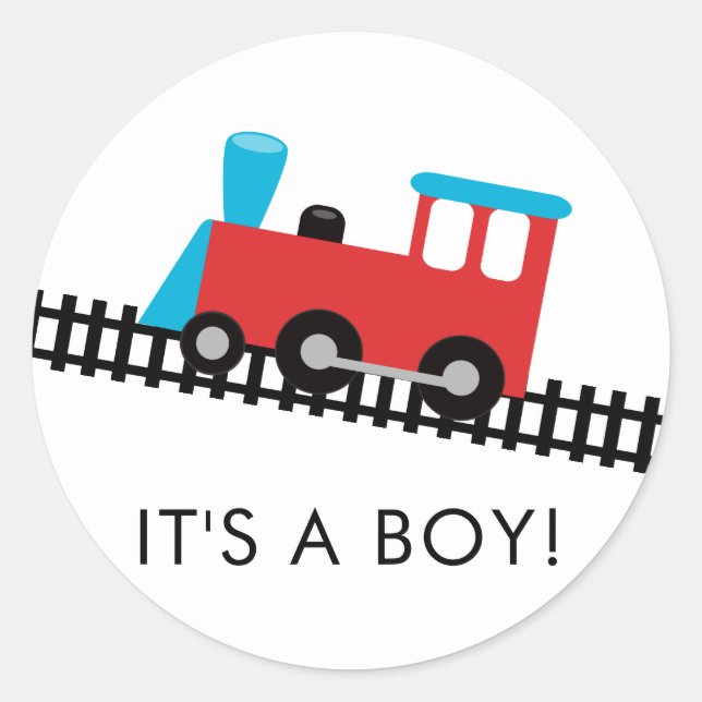 Red & Blue Train It' a Boy Favor Sticker (Front)