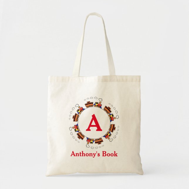 Red Blue train kids named library Tote Bag (Front)