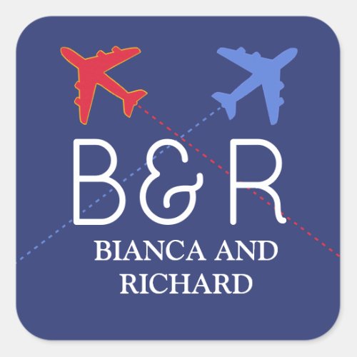 red blue travel airplanes with names monogrammed  square sticker