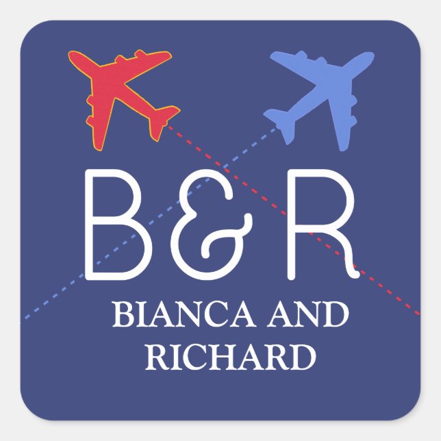 red blue travel airplanes with names, monogrammed  square sticker (Front)