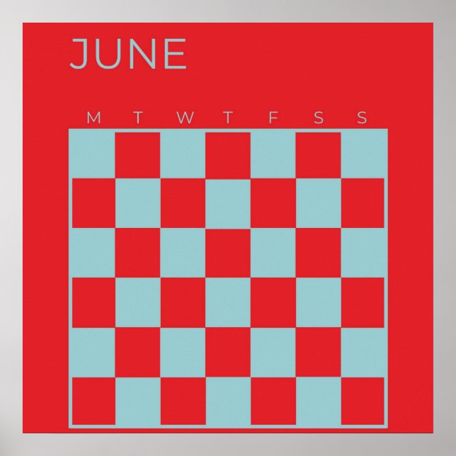 Red Blue Undated Checkered June Monthly Calendar Poster (Front)