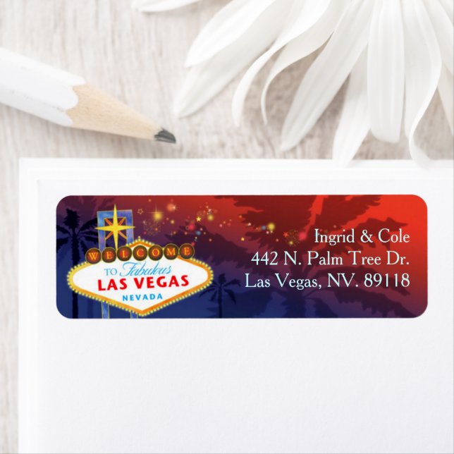 Red + Blue Unique Las Vegas Wedding Address Label (Insitu)