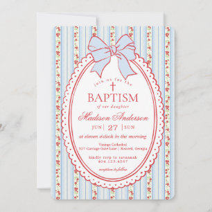 Red & Blue Vintage Delicate Floral Baptism Invitation