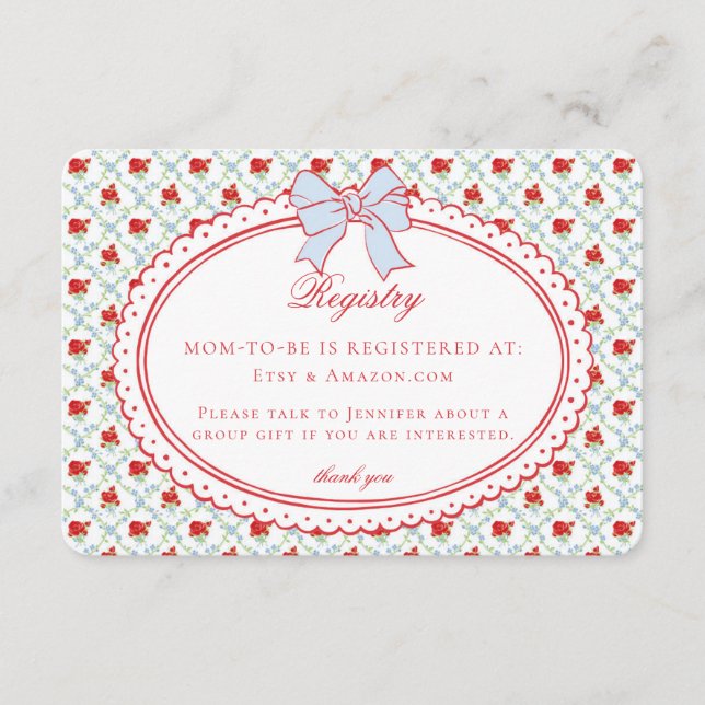 Red & Blue Vintage Fancy Floral Baby Registry Enclosure Card (Front)