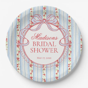 Red & Blue Vintage Fancy Floral Bridal Shower Paper Plates