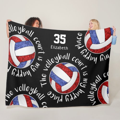 Red blue volleyball court my happy place mantra  fleece blanket