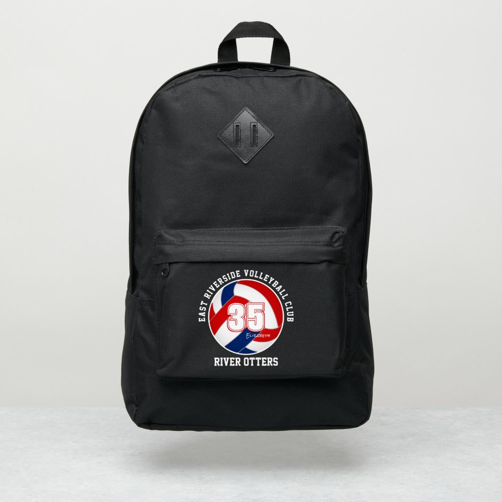 red blue volleyball player name team colors backpack