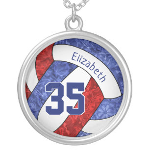red blue volleyball team colors girl's name silver plated necklace